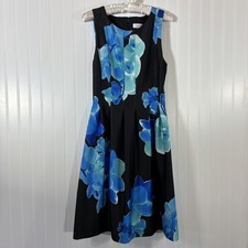 Calvin Klein Blue Black Sleeveless Floral Fit & Flare Cocktail Dress Sz 8 Spring
