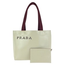 Prada Leather Logo Shoulder Tote Bag Women Beige One Size