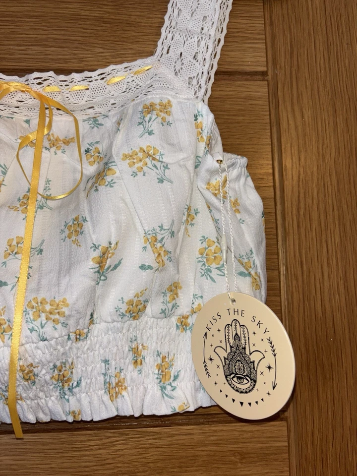 White and Yellow Floral Print Crop Top - Image 3 of 4