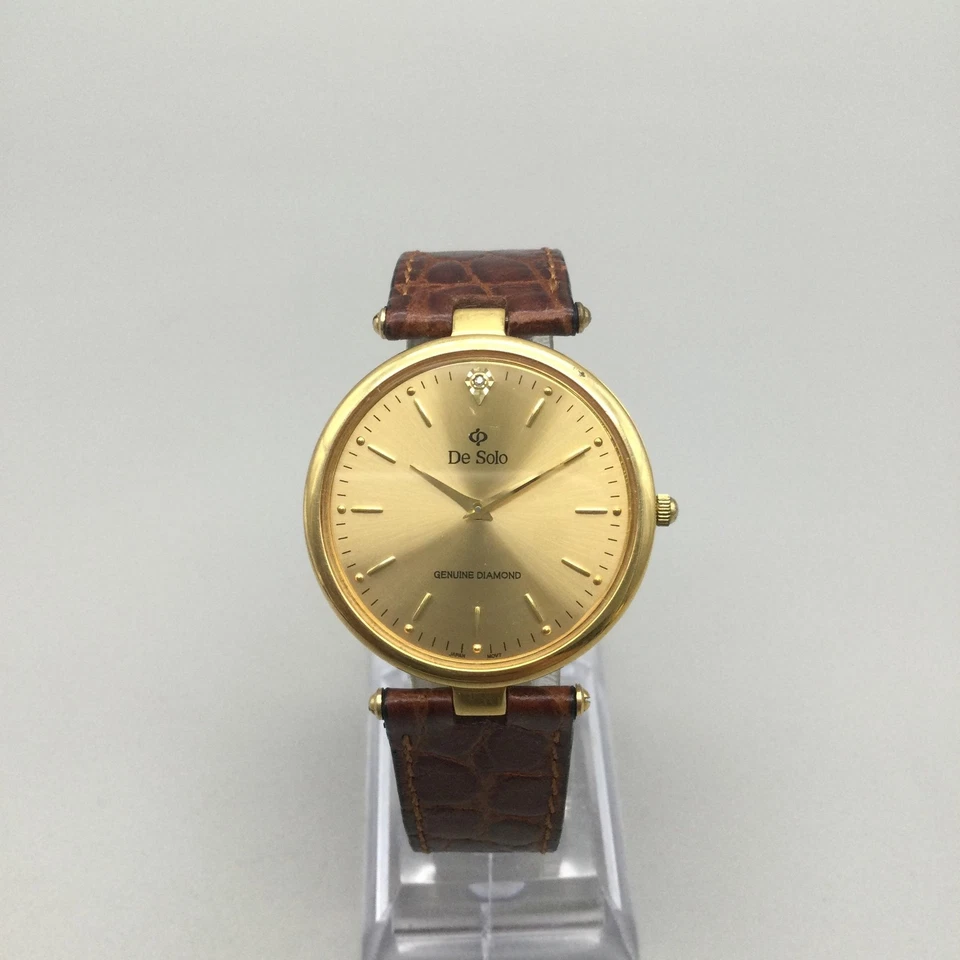 Reloj De Solo Mujer 32mm Diamante Chapado en Oro 18K Correa Cuero Marrón Batería Nueva Foto 2 de 4