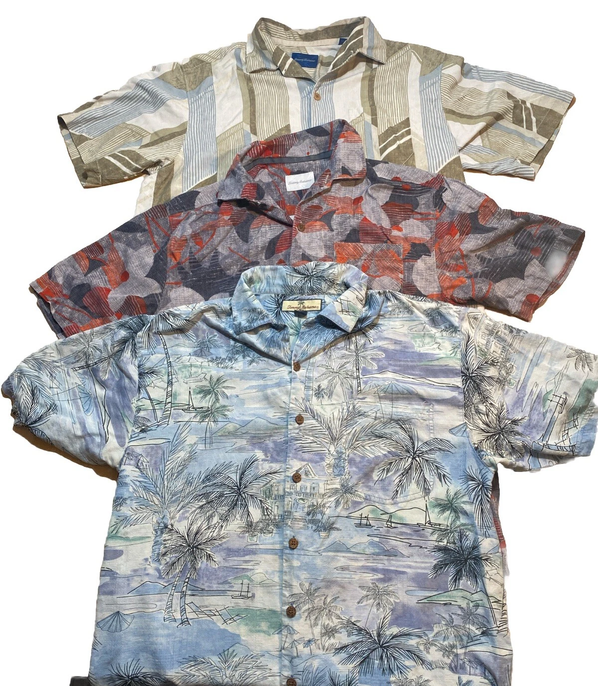 (3) Tommy Bahama Floral 100% Silk Hawaiian Button Up Shirt Beach Palm Tree Med