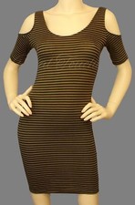 Sexy Black and Olive Green stripe round scoop neckline cold shoulder dress