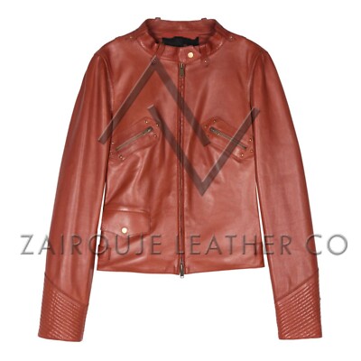 Womens Red Leather Biker Jacket Real Lambskin Moto Style with