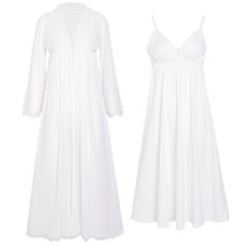 2Pcs Womens Chemise Nightgown Cotton Long Sleeve Robe Set Vintage Sleepwear Gown