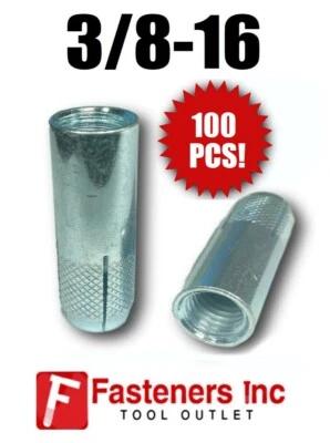 LEXAR INDUSTRIAL (100) Drop-In 3/8" x 1-9/16" Concrete Expansion Anchor 1/2" Drill Zinc 3/8-16