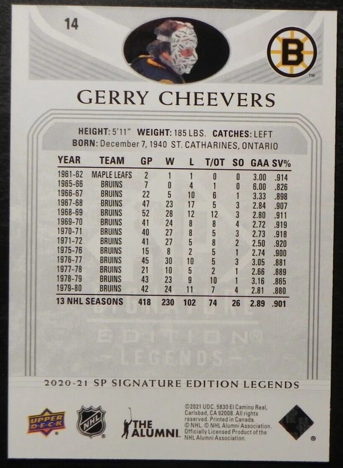 2020-21 20/21 SP Signatures Edition Legends Silver Script #14 Gerry Cheevers - Image 2 of 2