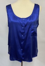 Vintage Cinema Etoile Medium Blue Satin Button Up Cami Tank Top Silky Pocket