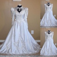 Victorian Satin Wedding Dresses Long Sleeve High Neck Lace Applique Bridal Gown