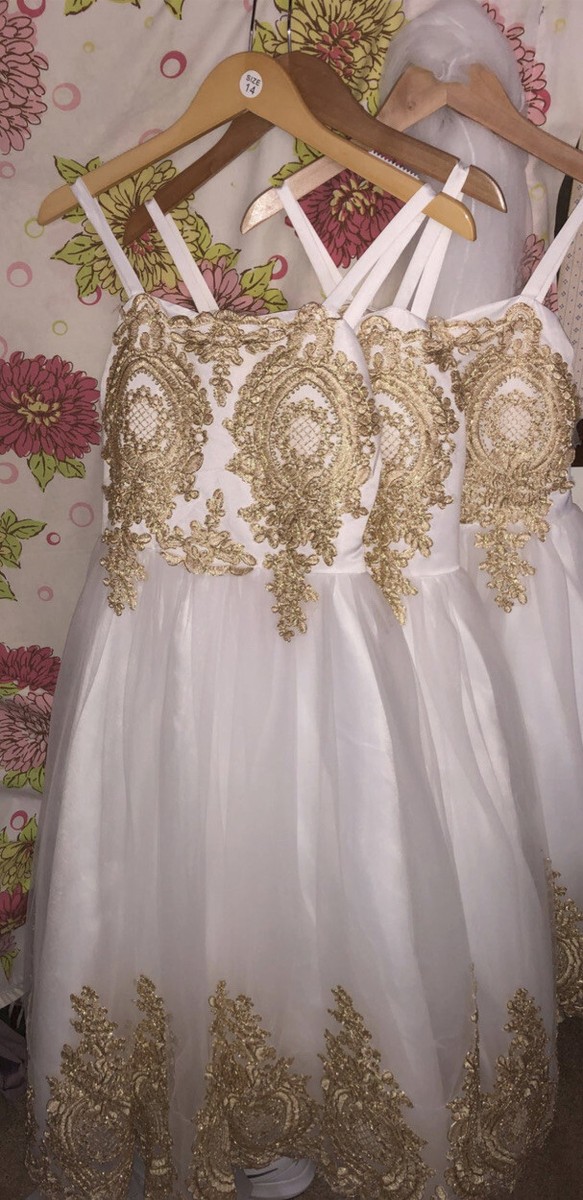 flower girl dresses white and gold Ivory Lace Tulle V Back Wedding Flower Girl Dress, Gold Sequin Bow 2T
