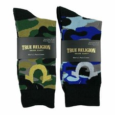 Two Pair True Religion Men's Camo Crew Socks Large 10-13 Gold Horseshoe Glitter