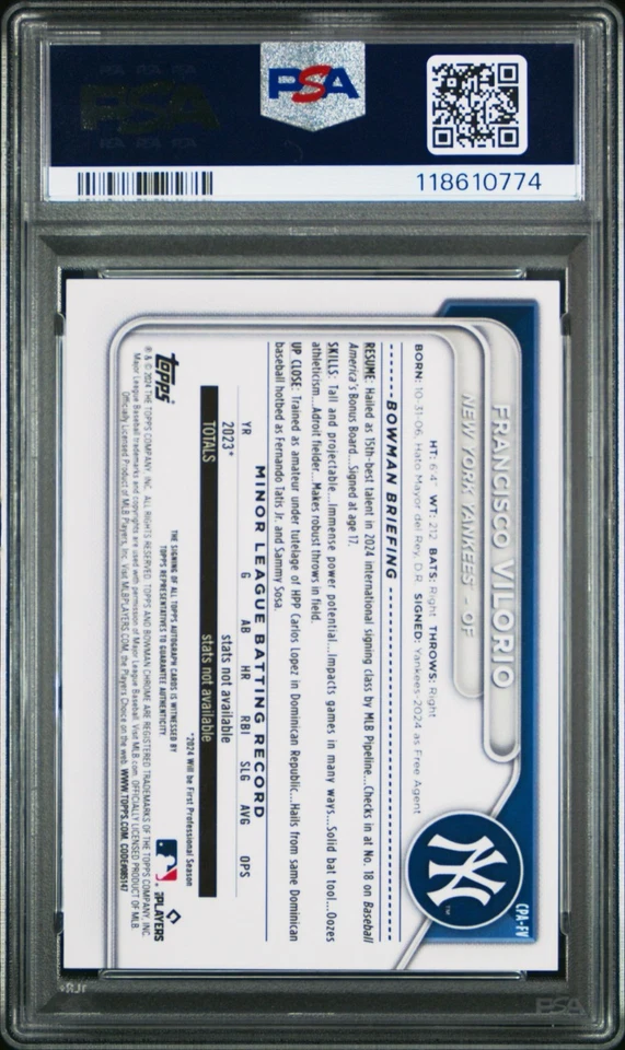 2024 Bowman Chrome - Francisco Vilorio Auto #CPA-FV Orange Lava /25 PSA 10 POP 1 - Image 2 of 2