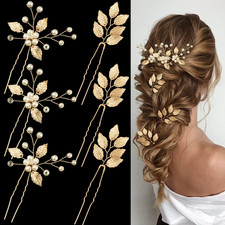 6 Pieces Bridal Wedding Hair Pins Gold Leaf Crystal Pearl Hair Pins Clips Headpi