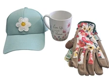 Floral Gardening Hat & Expert Gardener Medium Synthetic Leather Gloves With Touc