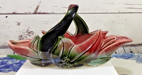 Vintage Hull Pottery Poinsettia Red & Green Planter with Handle Decor