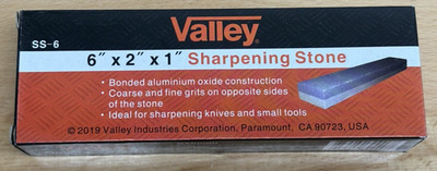 Valley Sharpening Stone 6'' x 2'' x 1'' Coarse and Fine Grit Aluminum Oxide Grits.