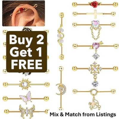 Yellow Gold Upper Ear Industrial Barbell Piercing Jewelry * Buy 2 Get 1  FREE *