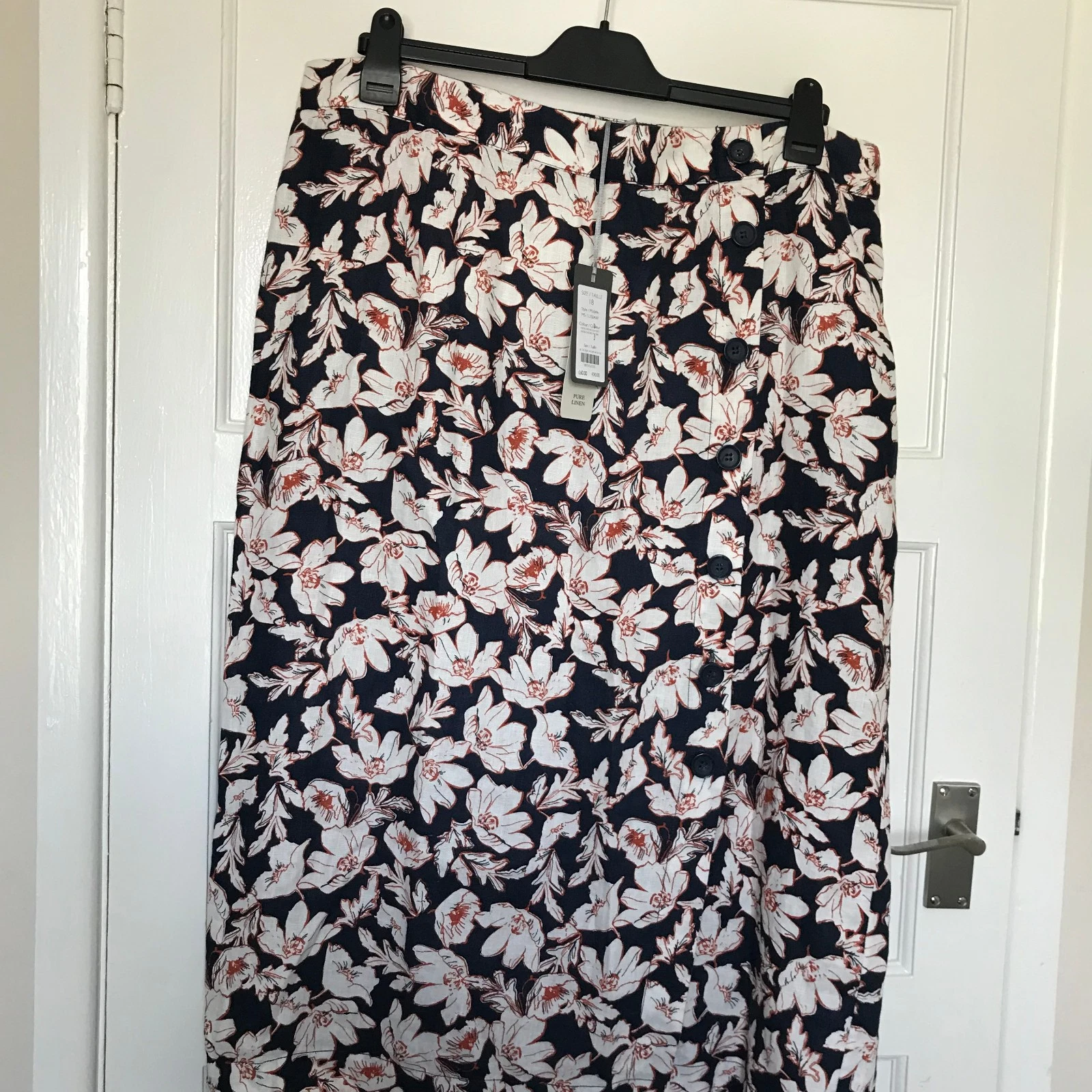 BNWT Laura Ashley Linen Skirt Womens Size 18 Navy Blue Floral Midi A Line