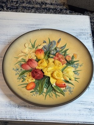 VTG Bossons Chalkware Spring Flowers 1950 s Floral 3d 14  Wall Art -see Desc