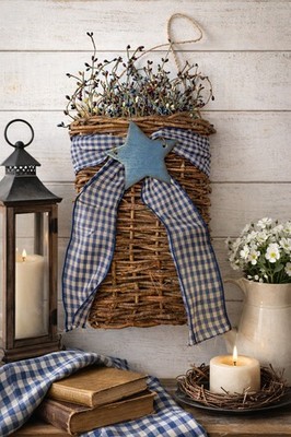 Rustic grapevine wall basket with berries, gingham ribbon, and star accent