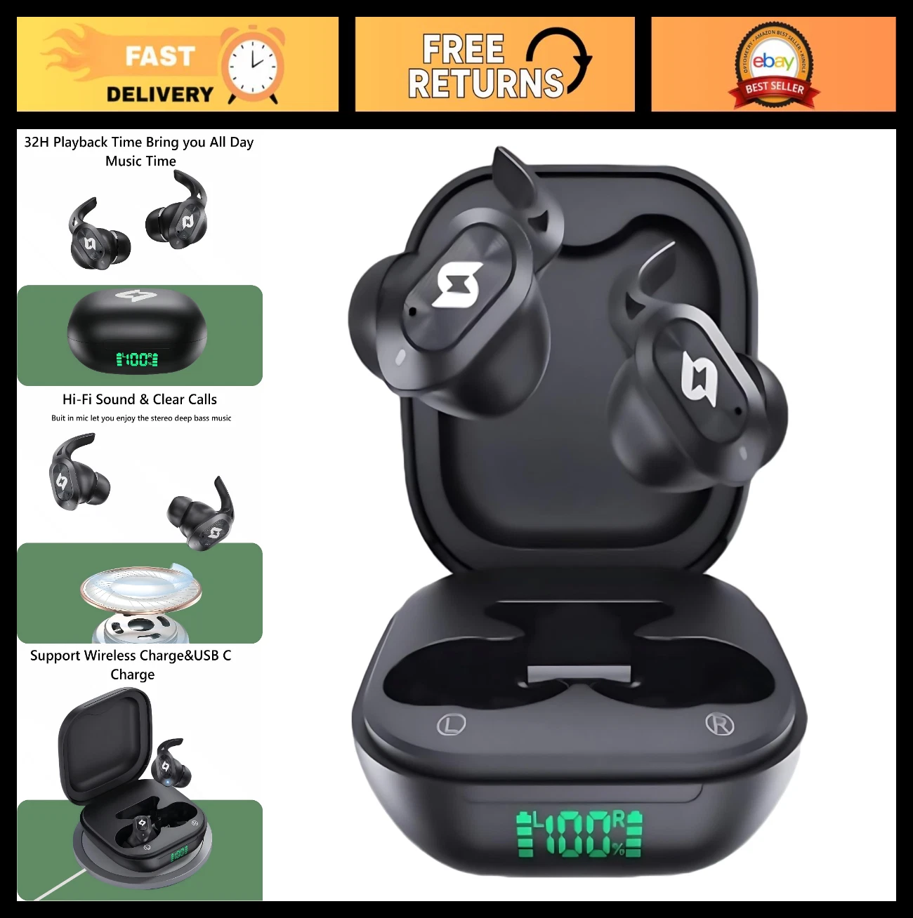 Wireless Bluetooth Earbuds with Charging Case, Waterproof, 64H Playback, Microph