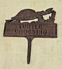Cast Iron TURTLE CROSSING Sign Garden Stake Home Decor Pond Plaque Tortoise Lawn