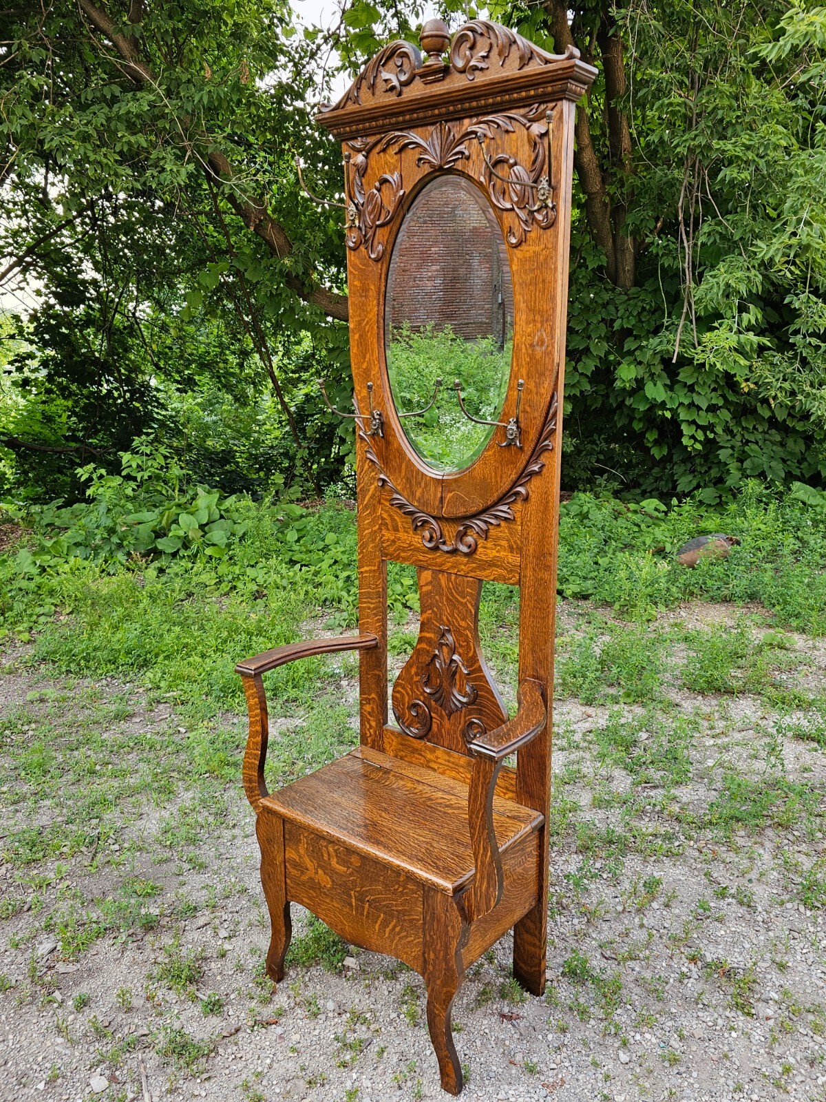 Victorian Antique tiger quarter sawn Oak Hall Tree with seat and mirror