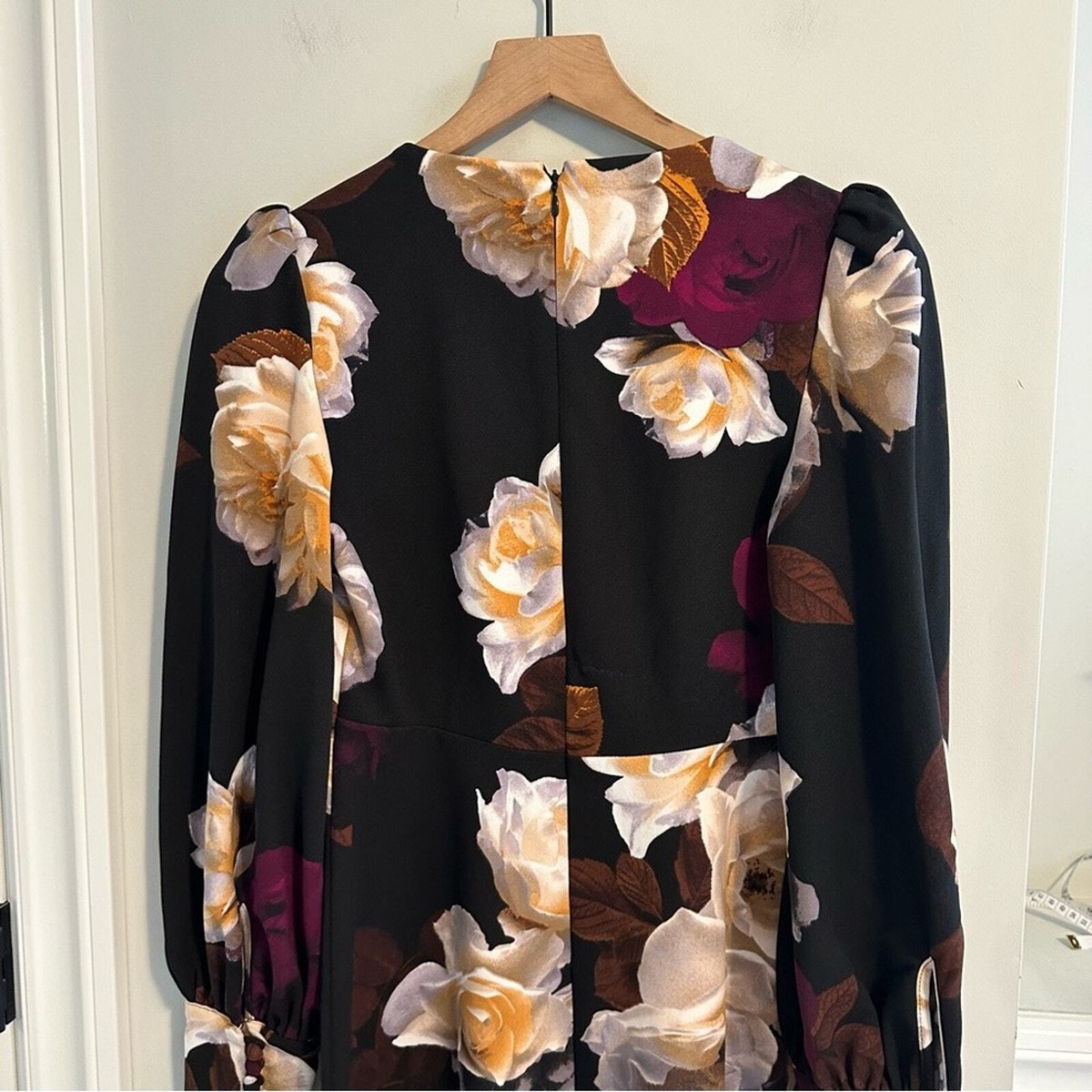 calvin klein black dress with red flowers Calvin Klein Red Black Floral Rose Puffy Short Sleeve Scuba Sheath Dress