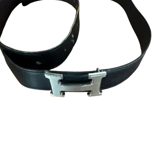 HERMÈS Hermes H Fibbia Cintura Autentica Reversibile Argento Marrone Pelle Nera