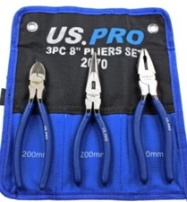 US PRO 8" 200mm 3pc Plier Set, Side Cutter, Long Nose, Combination Pliers 2070