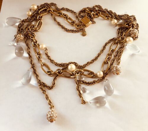 Signed J. CREW 3 Chain Layered Glass Drop Rhinestone Pearl Gold Tone Necklace - Picture 1 of 17