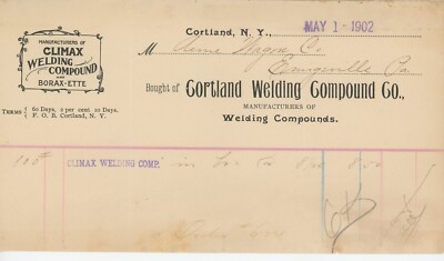 Cortland NY Billhead Cortland Welding Compound 1902 Climax Welding Compound