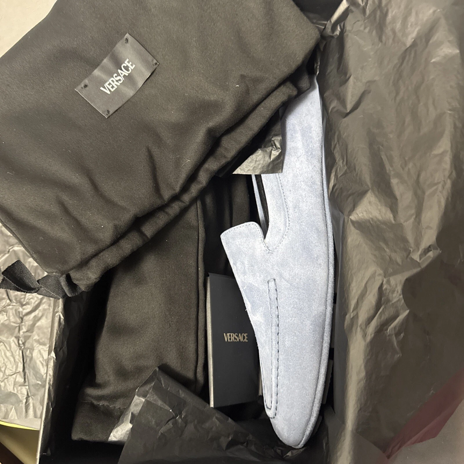 Scarpe mocassini Versace Villa scamosciate da guida Greca nuove $775 taglia 45