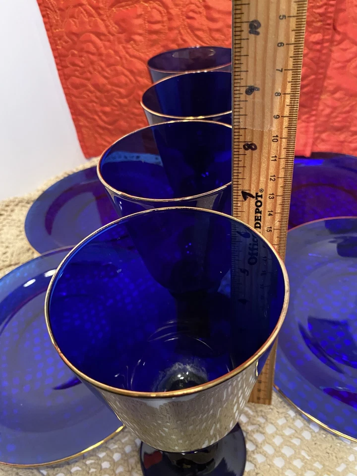 Juego de 4 copas de agua y platos de ensalada Libbey azul cobalto adorno dorado acampanados cada uno Foto 4 de 4