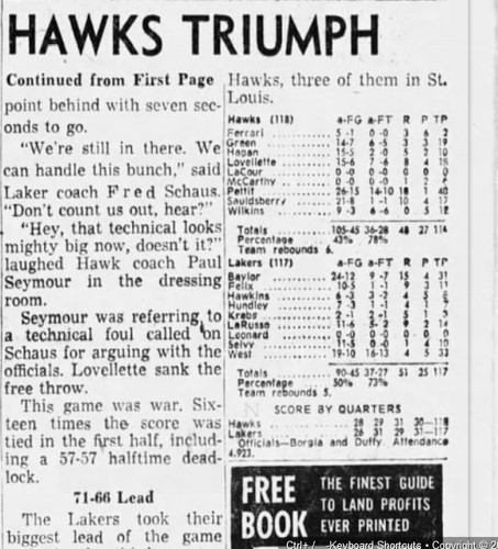 vintage 1960-61 NBA WEST DIVISION PLAYOFF HAWKS @ LOS ANGELES LAKERS FULL TICKET - Picture 3 of 3