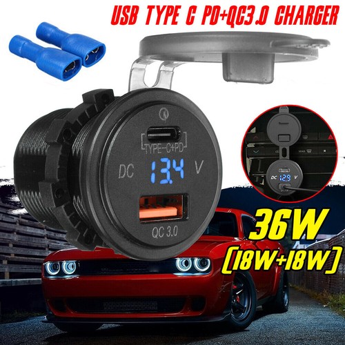 12V / 24V QC3.0 PD Type C Double USB Voiture Prise Chargeur Prise LED Voltmètre - Photo 3 sur 15