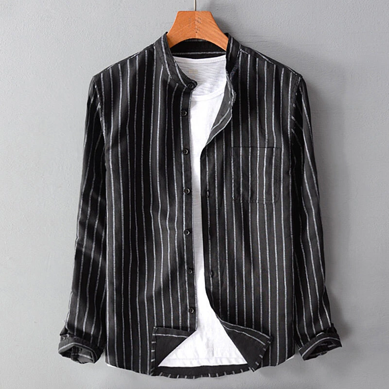 Fashion Men Long Sleeve Retro Striped Shirt Grandad Collar Casual Shirts Top Te↷ - Image 4 of 4