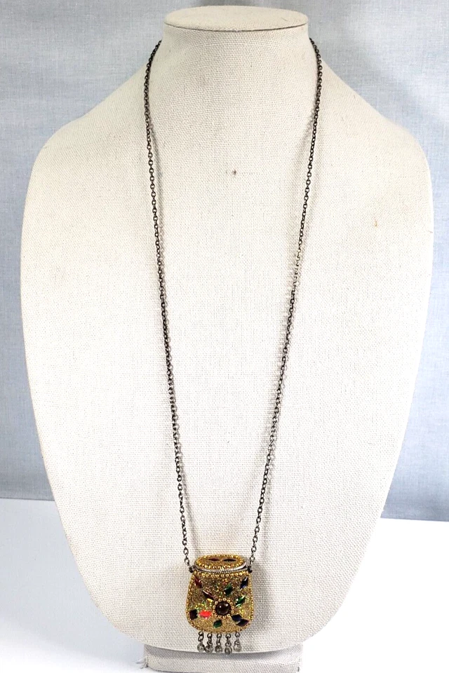 Vintage Tibetano Metal Dinheiro Pílula Bolsa de Armazenamento Ouro Amuleto Tintura Corrente Dangler - Imagem 2 de 4