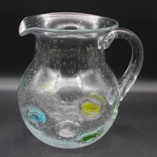 Hand Blown Art Glass Water Margarita Pitcher w/ Fused Colorful Fish Bubbles 7.5"