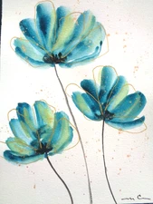 One Of A Kind - Original TEAL BLUE ABSTRACT FLOWER FLORAL Watercolor  Painting