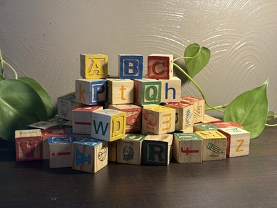 Wooden Alphabet Number Picture Blocks Mixed Lot Of 36  Learning Toy 1950-60s
