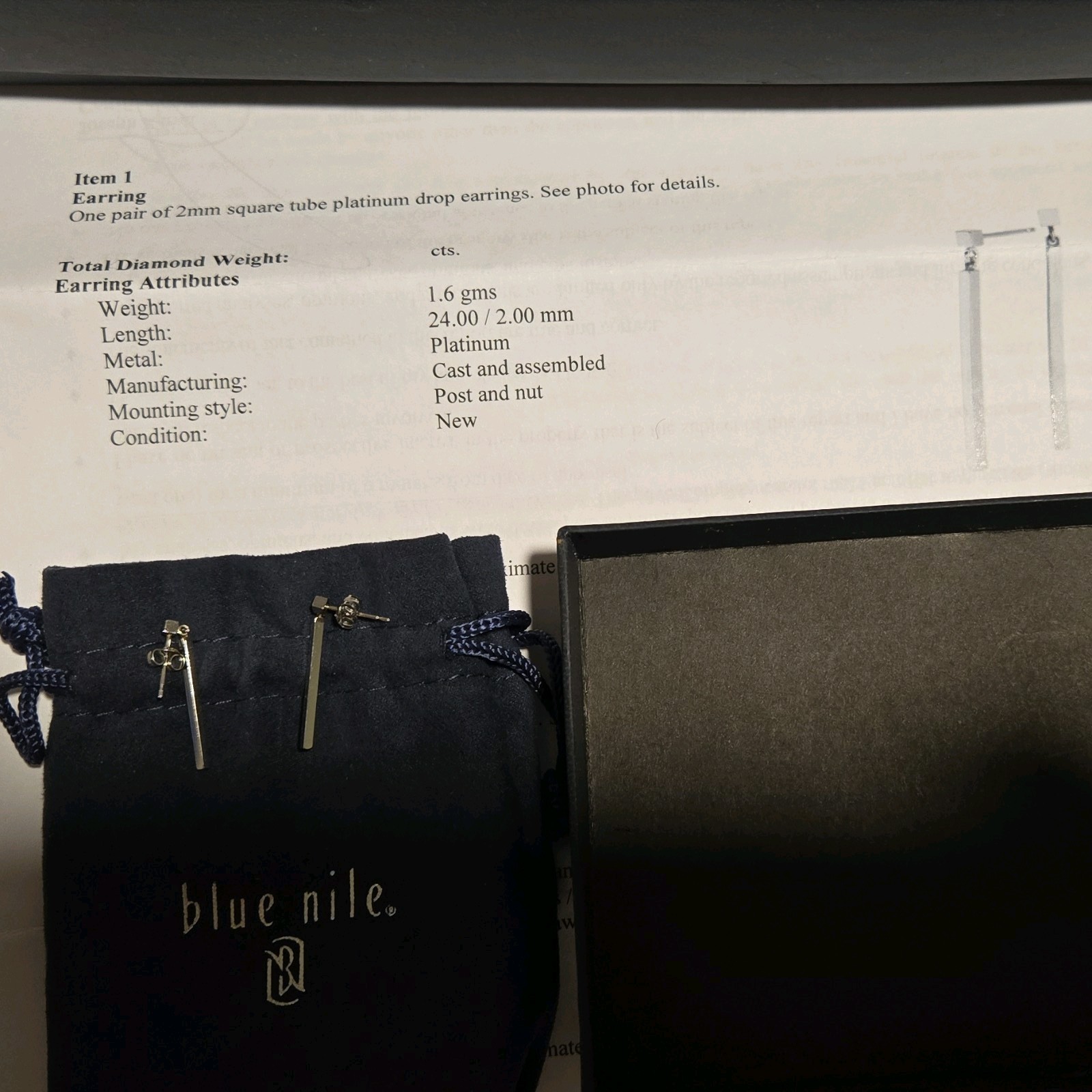 Blue Nile Platinum Drop Earrings Square Tube 2mm x 24mm Post and Nut