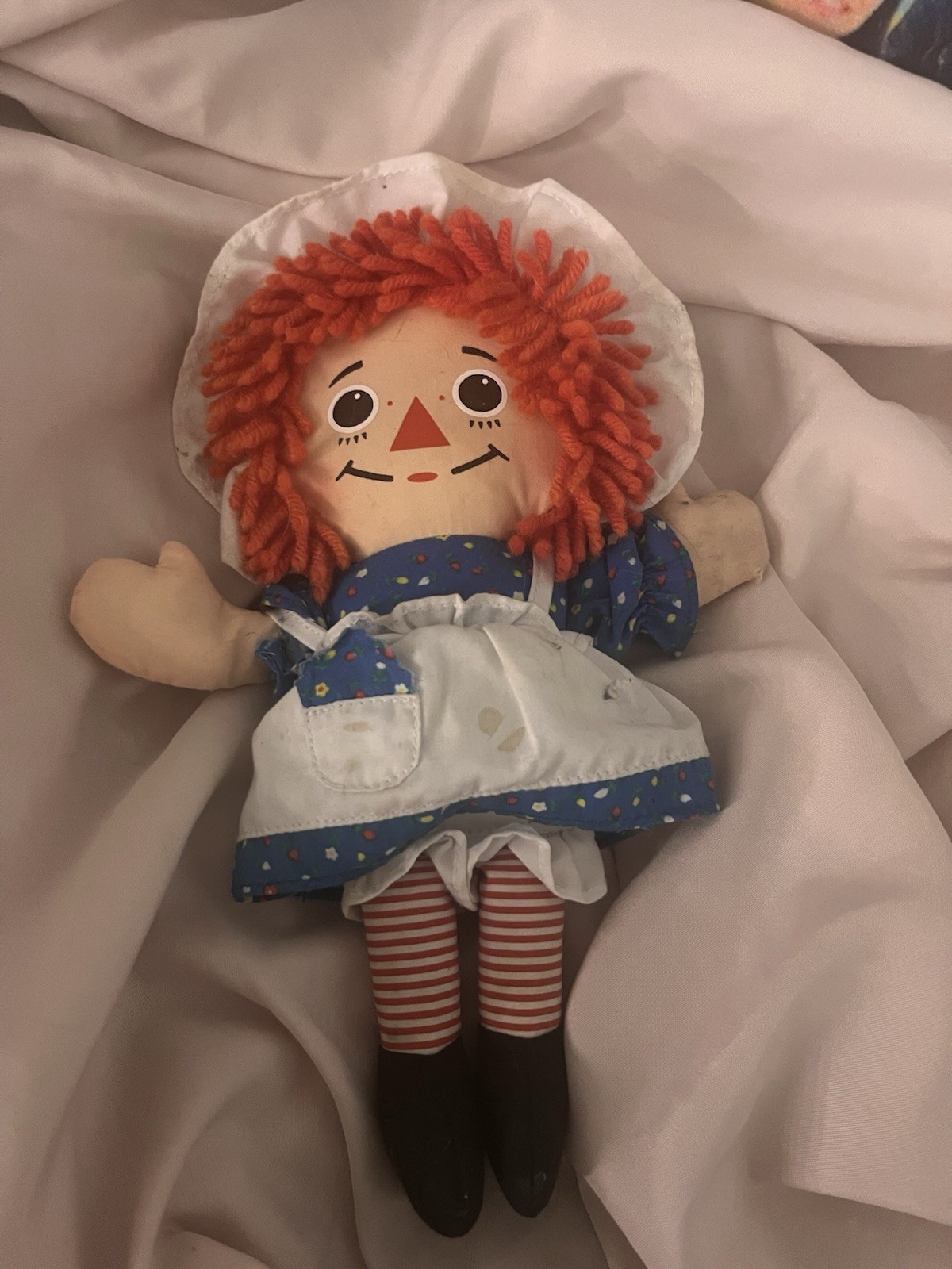 Raggedy Ann Cloth Doll Red Yarn Hair Blue Dress White Apron 12 Inch