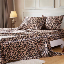 Queen Satin Bed Sheet Set 4PCS Silky Bedding Deep Pocket Elastic Straps Brown