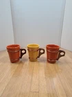 Vintage BAUER Pottery Ringware 6 oz tumblers w/ wood & copper handles Set of 3