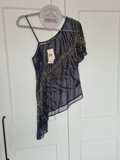 Vintage 90s y2k Miss Selfridge Asymmetric Heavily Beaded Top Navy Blue & Sliver 