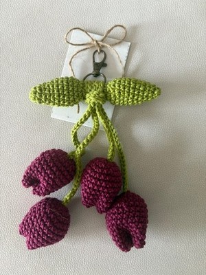 Crochet 4 Tulip Rearview Mirror Pendant Purse Bag Decoration Flower Wine Red