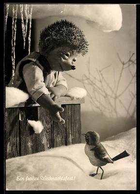 Mecki füttert einen Vogel, Ansichtskarte 1958 