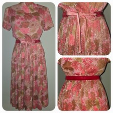 Vintage 60s Rockabilly Secretary Mod Pink Floral Pleated R K Originals Dress M 