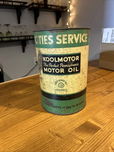 30s/40s Era Vintage Cities Service Koolmotor 5 Qt Oil Can Empty Metal No Bottom
