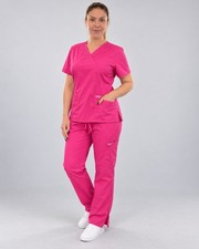 Cherokee Petite Large Women s Pink Solid Medical Scrub Set V-Neck Top Pants